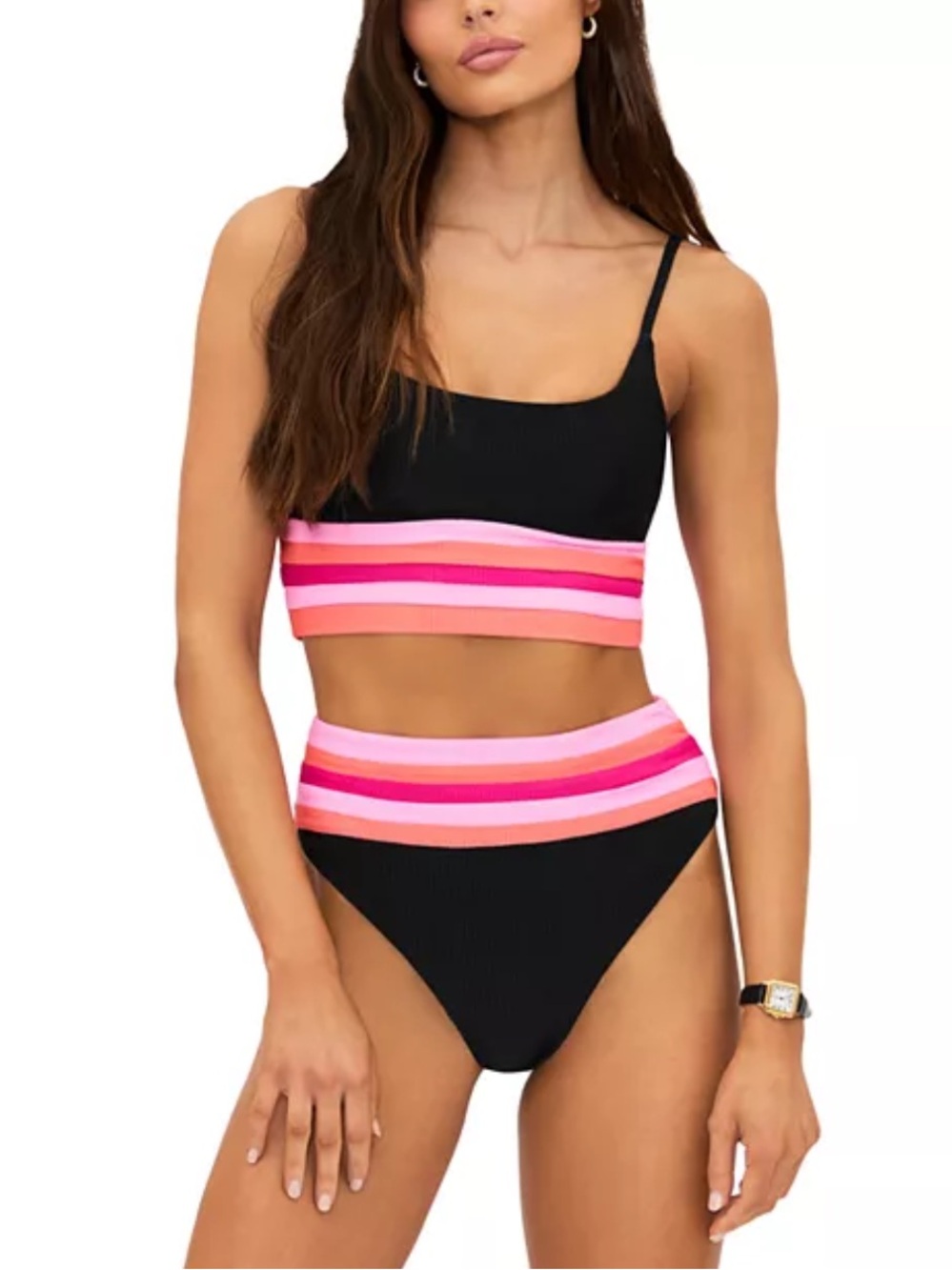 Beach Riot Mae & Millie Black Bikini Set with Pink and Coral Stripe Accents